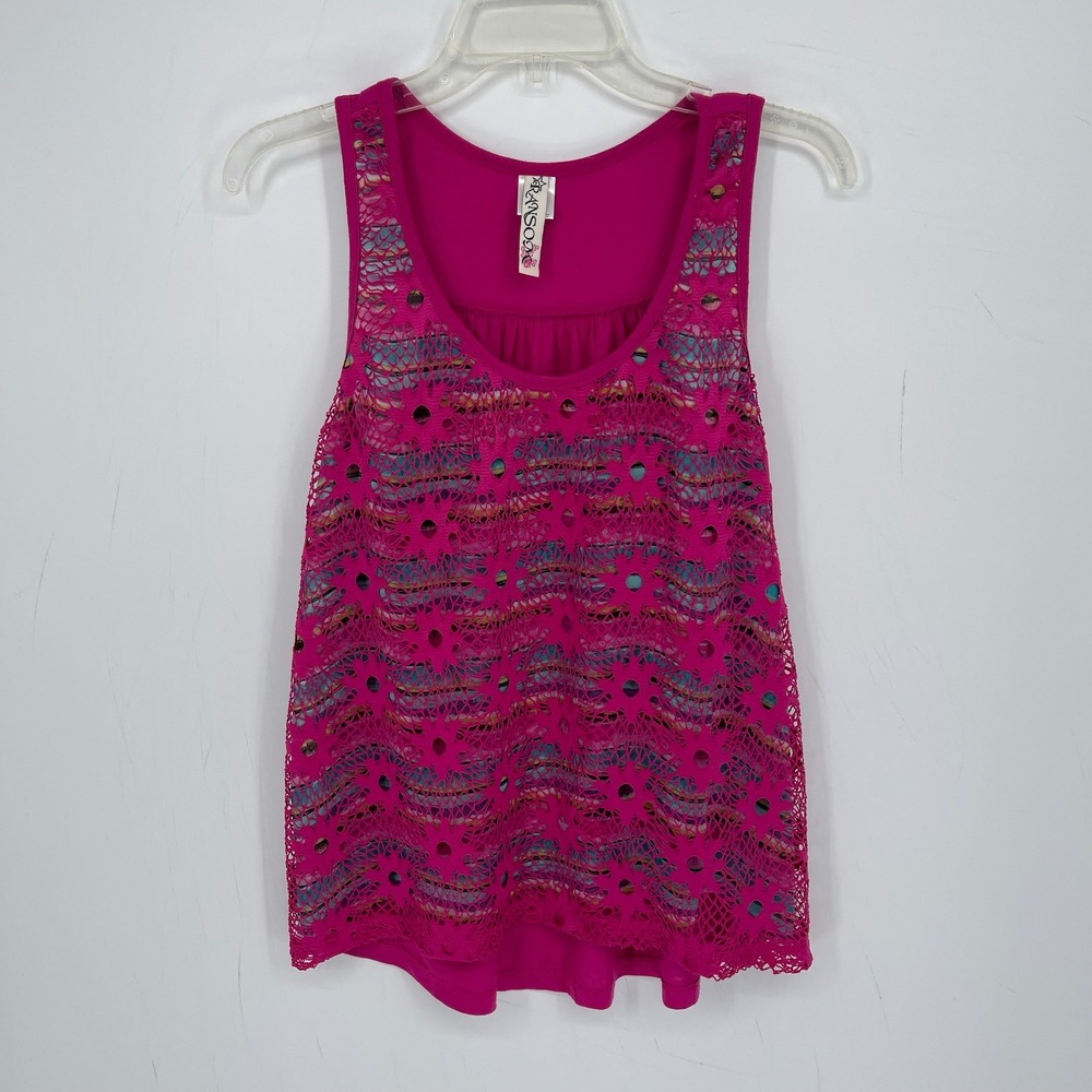 Ransom Women's Pink Lace Overlay Sleeveless Layered Boho Beach Tank Top Size L
